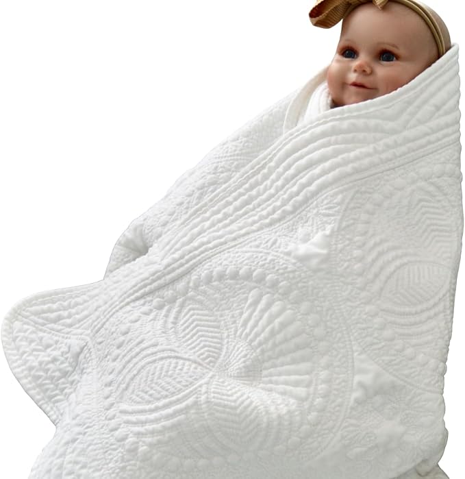 Baby Blanket Quilt Embroidered Crib Size with Name and Date or Classic Blank or Beautiful Cross (White Gift Quilt Classic)