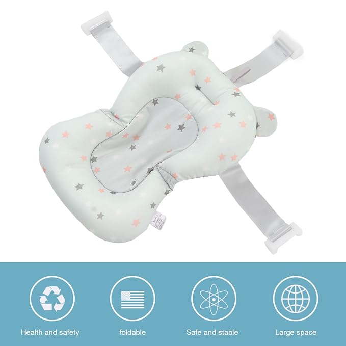 Baby Bath Seat, Baby Bath Tub Cushion for Bathtub Sink for Infant Newborn, Floating Foldable Adjustable Infant Bath Supporter, Easy to Clean (Light Blue Stars)