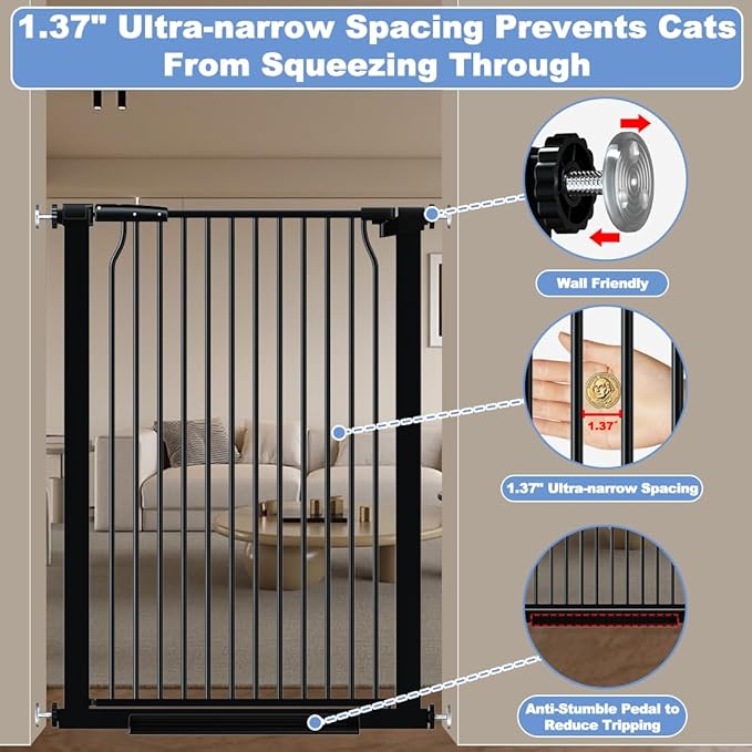 40.55" Extra Tall Baby Gate for Stairs-71.3"-76.7" Wide 1.37" Ultra Narrow Spacing Extra Wide Pet Cat Gate Dog Gate-Auto-Close Pressure Mounted Dog Door for Pets and Kids,Black