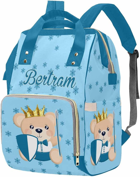 M YESCUSTOM Customized Prince Bear Diaper Bag, Personalized Blue Snowflake Cute Mommy Daypack with Name, Nylon Waterproof Backpack for Travel, Lovely Custom Gift for Women