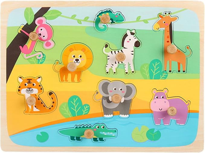 Montessori Wooden Peg Puzzle, Zoo Animal Shape Matching Board with Large Knobs,Model j