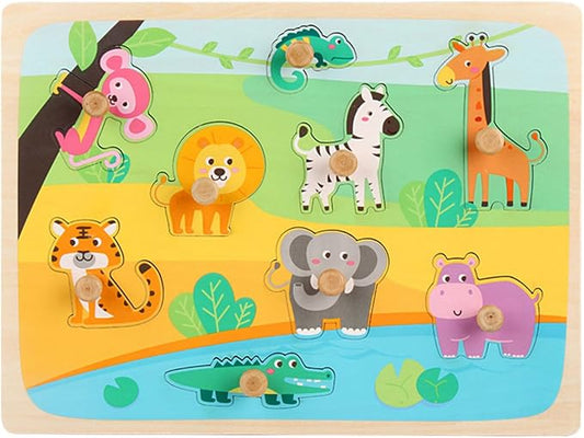 Montessori Wooden Peg Puzzle, Zoo Animal Shape Matching Board with Large Knobs,Model j