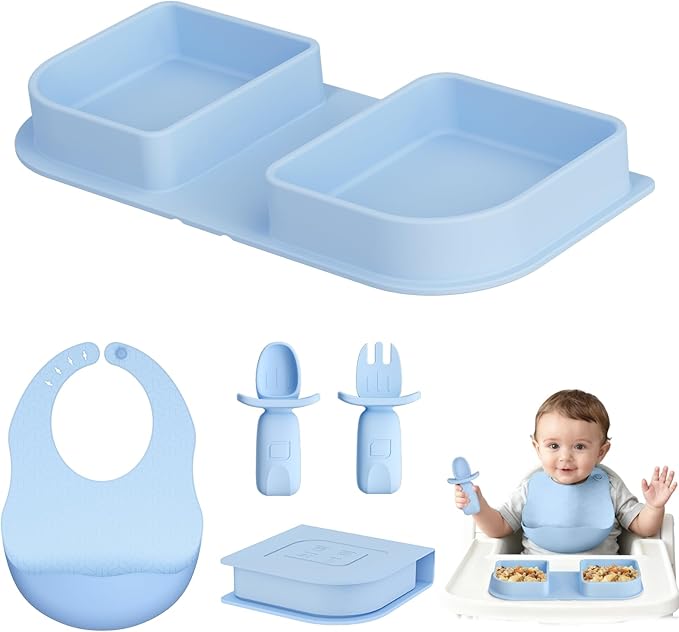 Blue Silicone Foldable Feeding Set, Travel Baby Feeding Supplies Including Toddler Plates, Silicone Baby Spoon&Fork, Adjustable Foldable Bib, Portable Infant Toddler Utensils