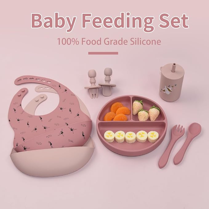 LITTLE RAWR Silicone Baby Feeding Set, Baby Led Weaning Supplies, Baby Spoons Suction Divided Plate Bib Cup, First Stage Solid Food Eating Utensils - 6+ Months(Pink-Red)