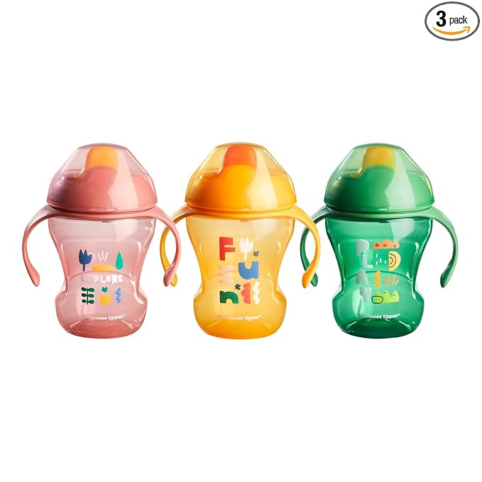 Tommee Tippee 8oz Trainer Sippee Cups with Handles for Babies and Toddlers, Spill-Proof, BPA Free, Pink, Green and Orange, Pack of 3
