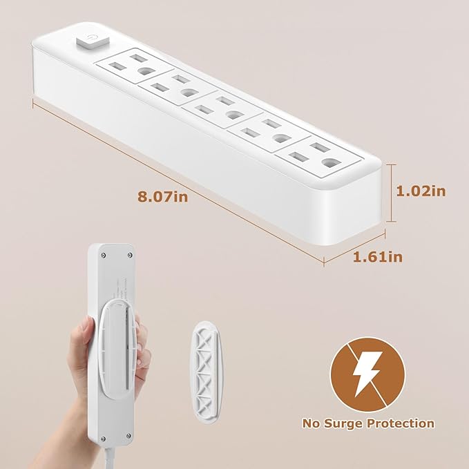 Outlet Cover Extension Cord 3 Feet, Ultra-Thin Outlet Concealer with Flat Plug Power Strip 5 AC Outlets, Childproof Flat Extension Cord Outlet Cover, 1875W for Kitchen, Home, Office