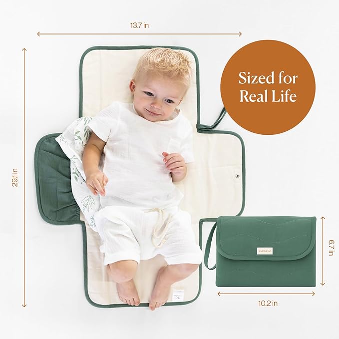 Toddlekind Mini Maven Portable Changing Pad ??Organic Cotton & Water-Resistant Polyester ??Travel-Friendly, Foldable Change Mat ??Forest Green Stripes with Wave Stitching ??Chic, Durable, Easy Clean