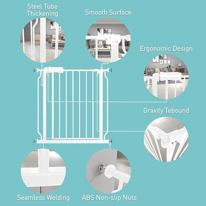 WAOWAO Baby Gate 71.65-76.35" Extra Wide Pressure Mounted Walk Through Swing Auto Close Safety White Metal Toddler Kids Child Dog Pet Puppy for Stairs,Doorways,Kitchen