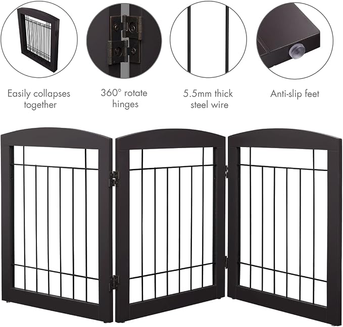 PAWLAND Free Standing Dog Gates for The House Stairs Doorways Indoor Foldable Wooden Small White Puppy Pet Gate Step Over Fence 60" W 24" H 3 Panels Espresso