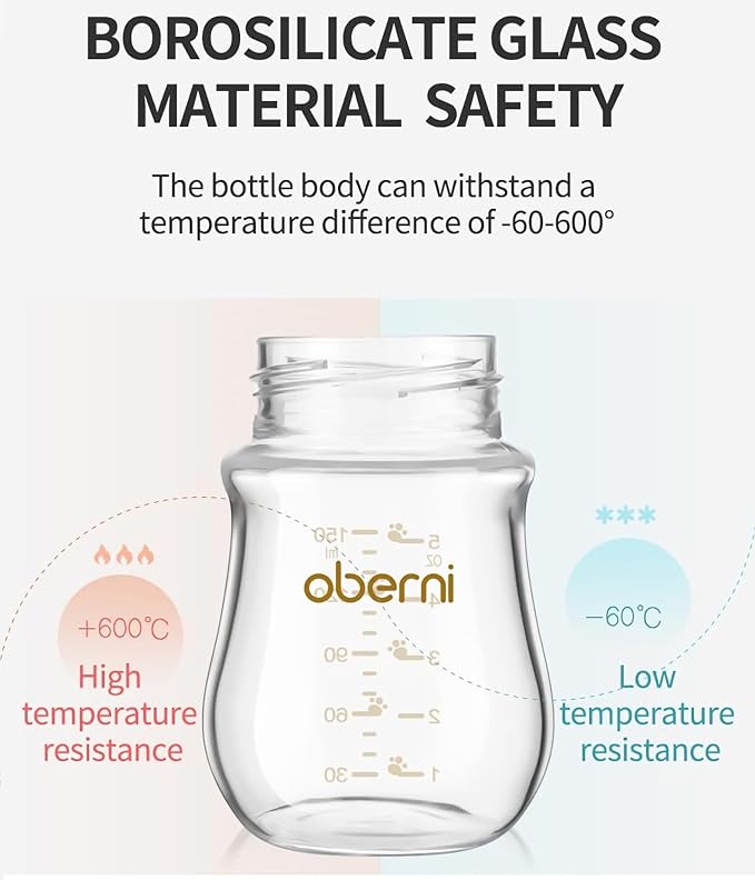 Oberni Glass Baby Bottles,Anti Colic Breastfeeding Bottle with Natural Response Nipple Size S,Wide Neck Slow Flow Baby Bottle for Baby,Newborn,Preemie 0-3 0-6 Month,BPA Free (Pink, 5 Ounceï¼? Pack)
