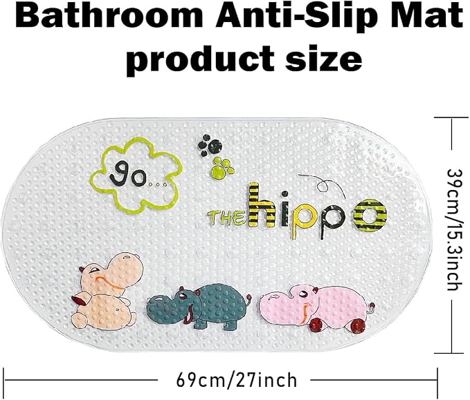 PTAPIPI Sea Animal Kids Bath Mat - 27x15 Inch Oval PVC Mat with Suction Cups, Machine Washable, Colorful Design for Children (Cute Hippopotamus)