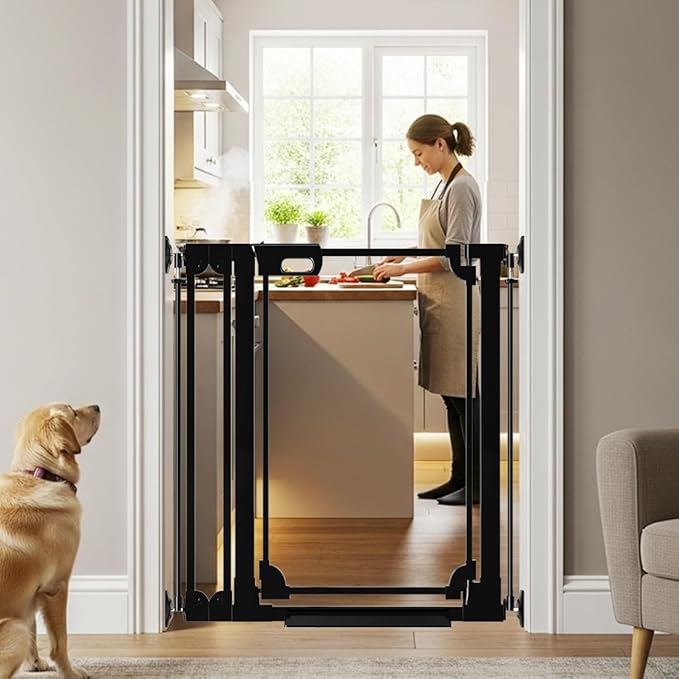 40" Clear Tall Baby Gate with Door, 29.5"-37.7" in Wide Pet Gates for Large Dogs Cats, Walk Thru Extra High Doggie Gates Doorways Stairs Indoor, Pressure Mounted Safety Gates, Black