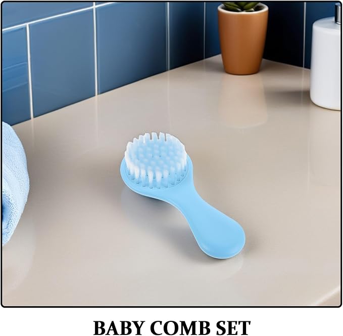 HEMOTON Hair Brush and Comb Grooming Set for Infants Soft Bristle Cradle Cap Brush with Blue Handle Gentle Bath and Comb Kit for Boys
