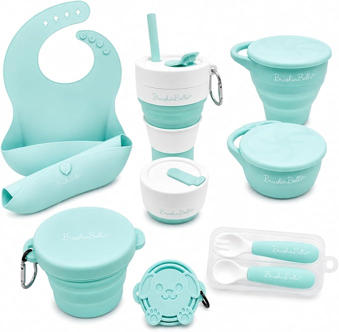 Collapsible Feeding Set - Travel Supplies: Silicone Suction Bowl, Plate, Bib, Spoons for Baby & Toddler Gift