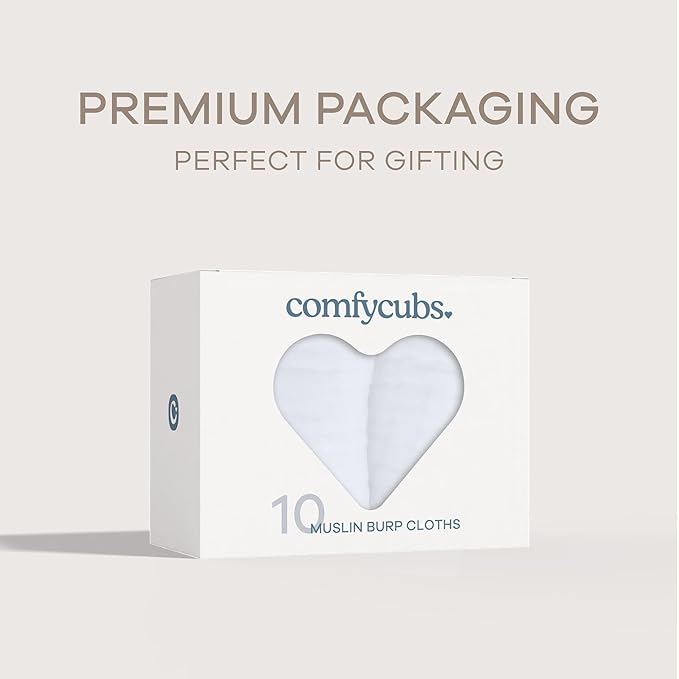 Comfy Cubs Muslin Burp Cloths 20" x 10", Pack of 10 - Large, 6-Layer, Ultra Absorbent 100% Cotton for Baby Drool and Messes - Soft, Safe & Gentle Baby Burp Cloths for Boys & Girls - White