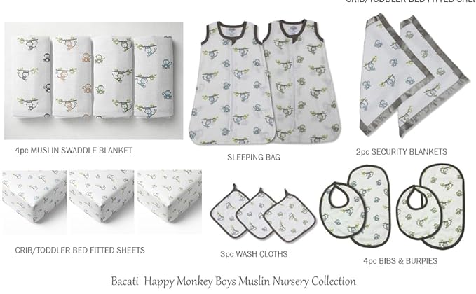 Bacati - Happy Monkeys Muslin Swaddling Blankets Set of 4 (Boys- Blue/Green/Grey/Biege)