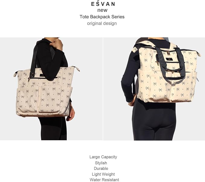 ESVAN Diaper Tote Bag Totepack Backpack 2 in 1 for Women Multifunctional Large Capacity with Insulated Pockets Travel | Multifunctional