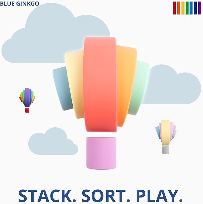 BLUE GINKGO Silicone Stacker - Montessori Rainbow Nesting Puzzle | Kids and Toddler Stacking Toy | 6 Layer Rainbow Puzzle, Sensory Toys - Matte