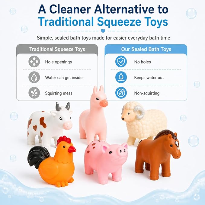 No Hole Bath Toys for Babies, 6 Pack Sealed Farm Animal Bath Toys for Toddlers 1-3 with Mesh Storage Bag, Soft Non-Squirting Baby Water Toys, Cow Pig Horse Sheep Chicken Alpaca