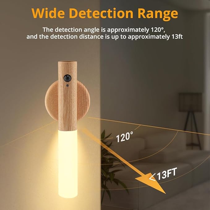 LANDGOO 1-Pack Magnetic Night Light with Motion Sensor, Ash Wood Cylindrical Rechargeable LED Lamp, White Light Only, Portable Bedside Light for Bedroom Nursery