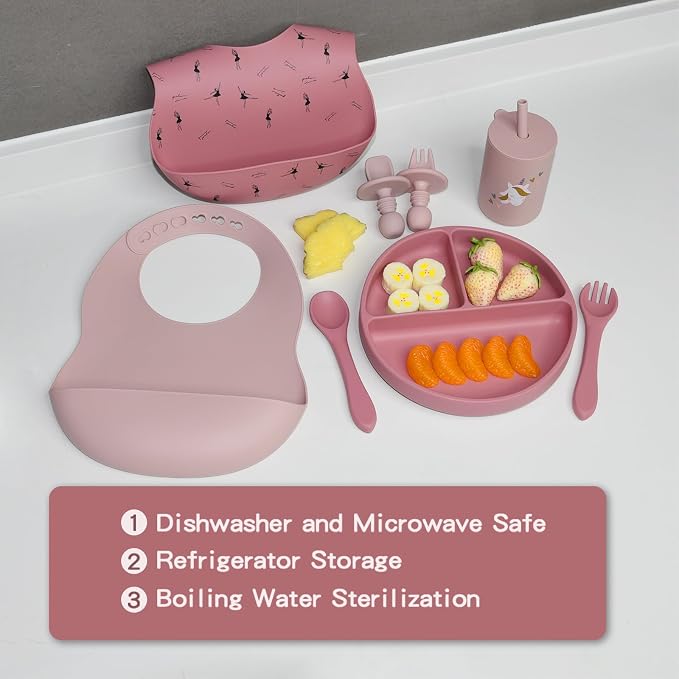 LITTLE RAWR Silicone Baby Feeding Set, Baby Led Weaning Supplies, Baby Spoons Suction Divided Plate Bib Cup, First Stage Solid Food Eating Utensils - 6+ Months(Pink-Red)