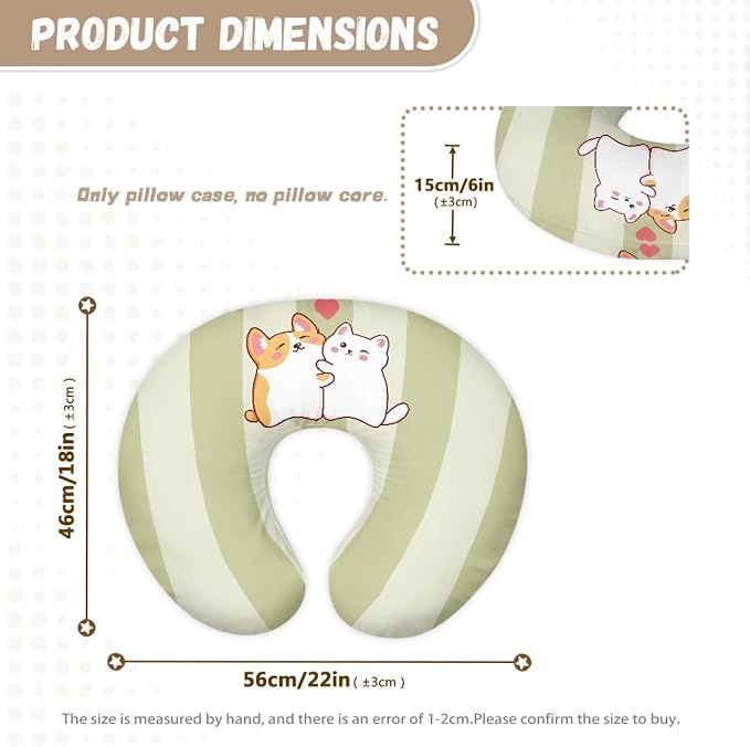 Light Green Stripes Nursing Pillow Covers for Bebe Girls and Boys Breathable Nursing Pillow Slipcover Baby Pillow Cover Feeding Position Support,Kitten Puppy(Cover Only)