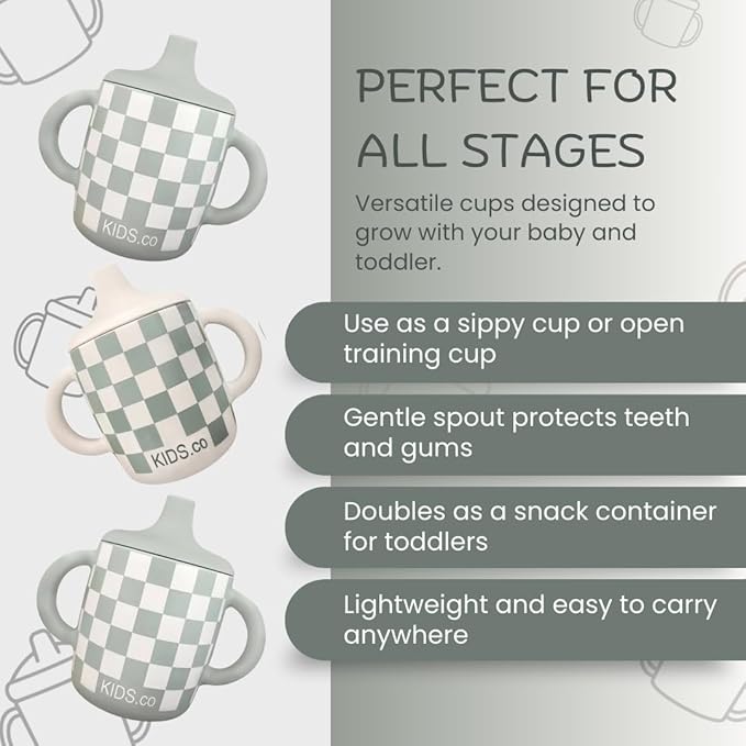 KIDSco. Silicone Sippy Cups (2 Pack) ??Soft Spout & Easy Grip Handles for Babies 6+ months, Plastic Free, Toxic Free Silicone, Leak-Resistant, Dishwasher Safe (Checkers)