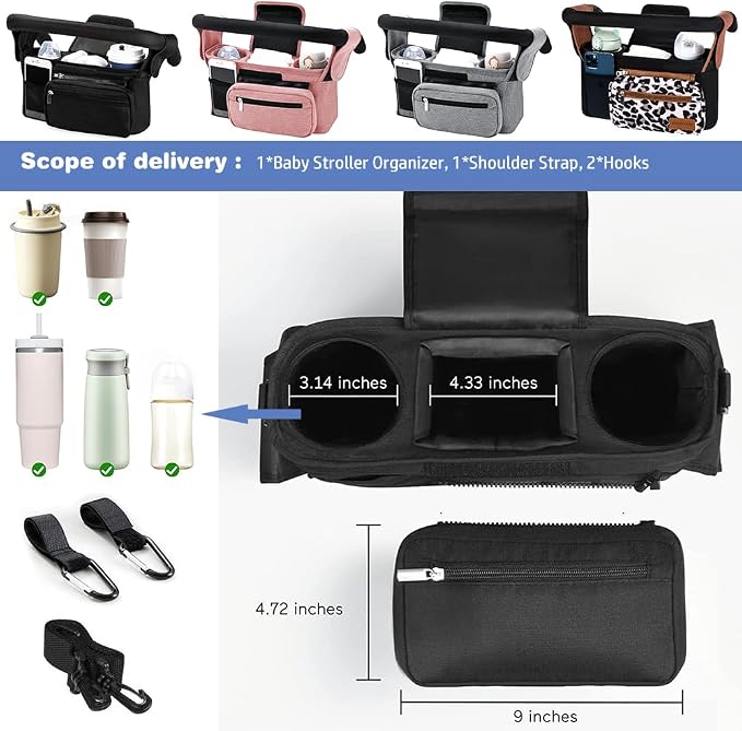 Baby Stroller Organizer, Universal Stroller Organizer with Detachable Phone Bag, Stroller Caddy with 2 Insulated Cup Holders, Buggy Organizer Bag with 2 Hooks Fits Most Strollers (Grey)