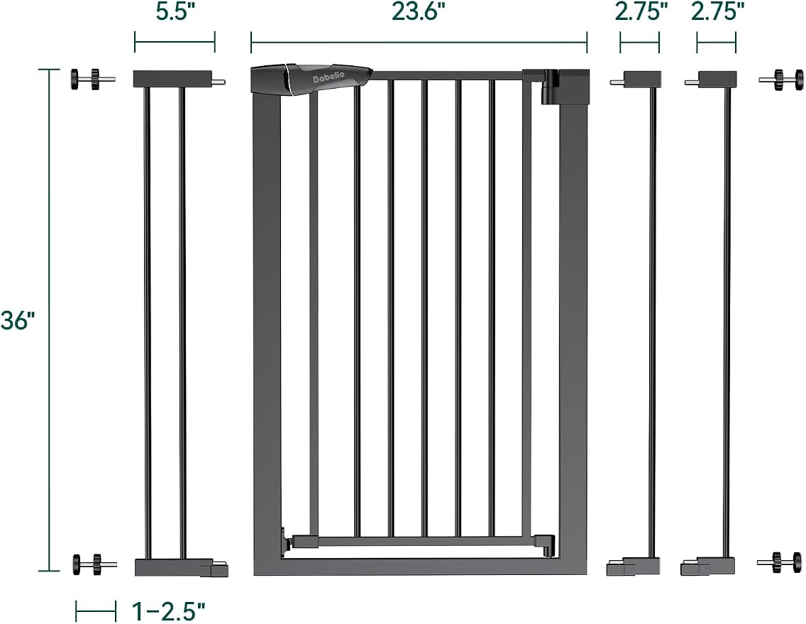 Babelio 36" Tall Baby Gate, 26-40" Wide Auto Close Pet Gate, PressGuard C5 Pressure Mounted Metal Dog Gate, Easy-Install No Drilling, No Tools Needed, with Wall Protectors and Extension Kits, Black