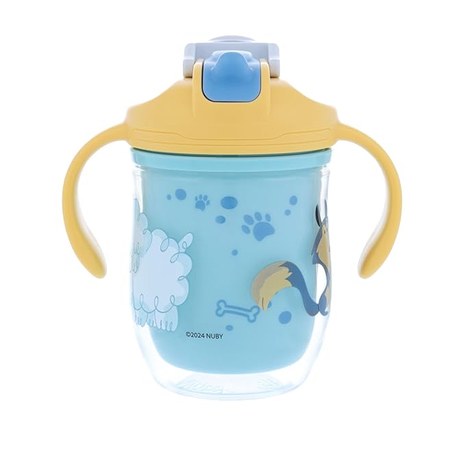Nuby 2-in-1 Insulated Toddler Cup with 360° Weighted Straw & Hard Spout - 7 oz - Leak-Resistant with Easy Grip Handles - 4+ Months - Dogs