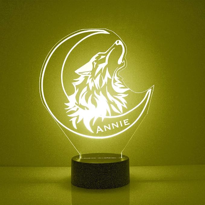 Personalized Wolf & Moon LED Sign Night Light Lamp with Remote, Custom Text, Acrylic Display with 16 Colors & 4 Modes, Battery or USB Power, Made in The USA