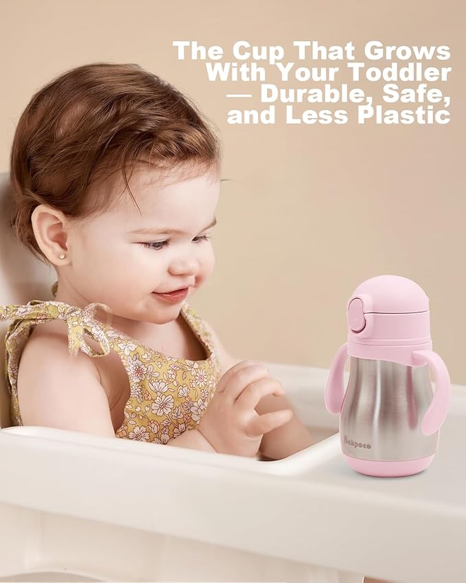 Bakpoco Stainless Steel Sippy Straw Cup for Toddlers 1-3 Years Old, Insulated Toddler Water Bottle Baby Training Tumbler with Handles, 8oz Kids Straw Cups for Travel, Daycare & At Home, Pink