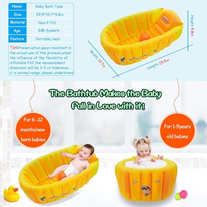 Inflatable Baby Bathtub,Newborn to Toddler Bath Tub with Built-in Air Pump,Portable Travel Shower Basin with Back Support,Foldable Toddler Tub Shower for Kids 0-6 Months(Orange)