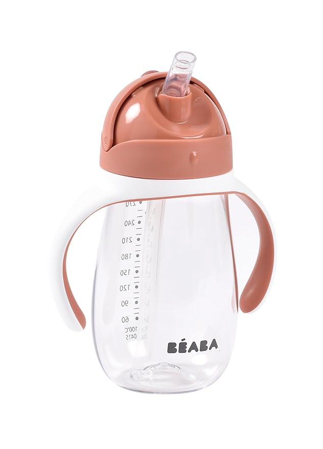Beaba Straw Sippy Cup, Toddler Baby Straw Cup with Removable Handles, Leak and Spill Proof, BPA Phthalate Free, 8+ Months, 10 oz, Terracotta