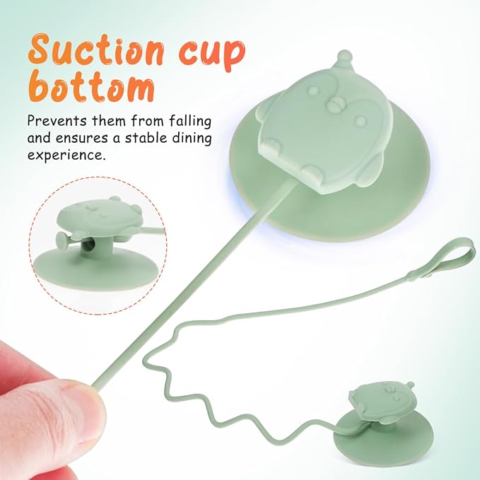 Abaodam Utensils Holder Strap with Silicone Suction Cup Stainless Steel Fork and Spoon Training for Drop Highchair Accessory Green Dining Aid