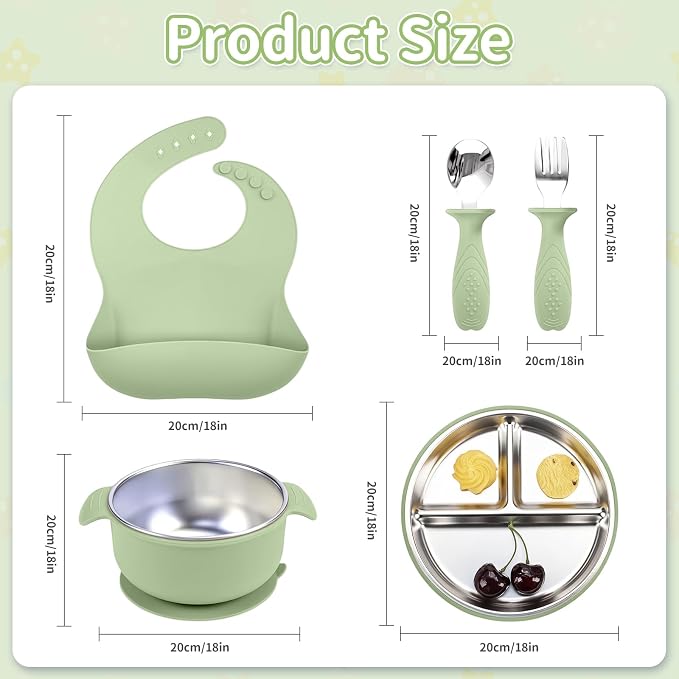 5-in-1 Stainless Steel Baby Feeding Set, Suction Divided Plates, Bowls, Silicone & Stainless Spoon Fork, Baby Tableware for Self-Feeding, Durable, BPA-Free (Green)