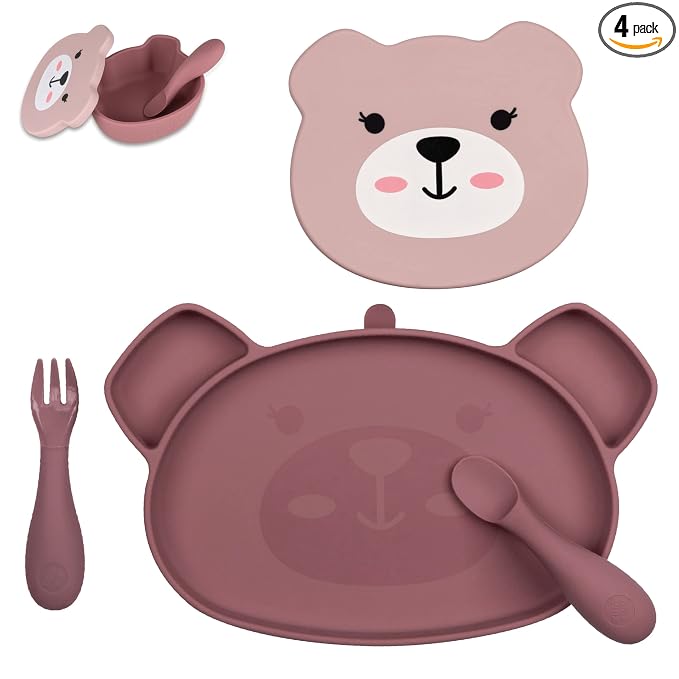 TUM TUM Baby Dinner Set for Weaning, Includes Silicone Suction Plate & Bowl, Baby Cutlery, 6 Months Plus, Dishwasher Safe, BPA Free (Betsy Bear)