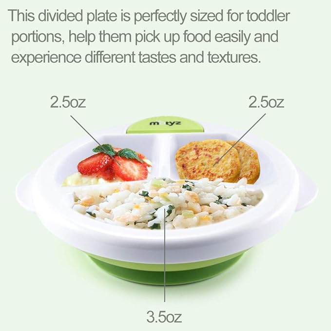 Matyz 2-Pack Baby Feeding Suction Warm Plate with Draining and Drying Design - Stay Put Divided Plate for Kids - Including 2 Toddler Plates and 4 Spoons - Microwave & Dishwasher Safe (Green)