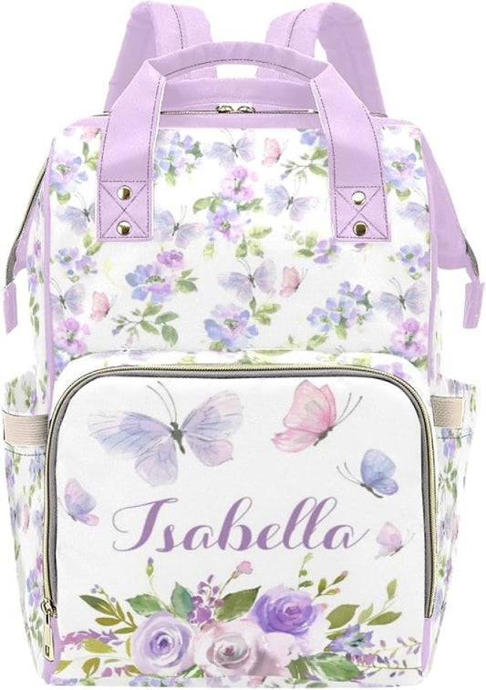 Personalized Diaper Bag Customized Floral Purple Butterfly Waterproof Nursing Bags Custom Mommy Daypack with Name for Travel Outside Daily Use