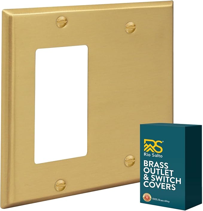 Rio Salto Metal 2-Gang Gold Outlet Cover or Light Switch Cover Wall Plate, Blank Rocker Combination Wallplate Decorator Covers 2 Gang Double STANDARD SIZE Brass (Blank Rocker Combo)