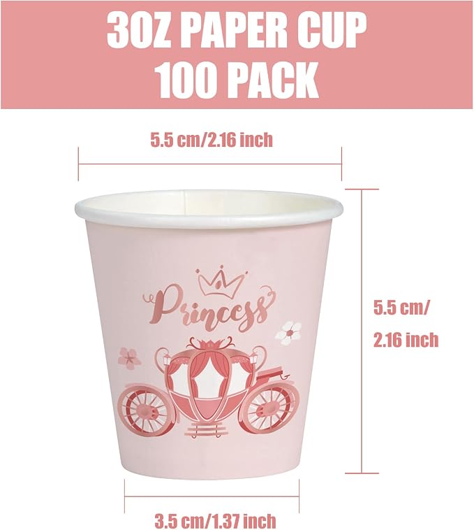 WRAPAHOLIC 3oz Paper Cups - 100 Pack Disposable Bathroom Cups with Pink Princess Design, Small Mouthwash Cup for Toothbrush Rinse, Home Bathroom, Picnic, BBQ, Travel and Baby Girl Party