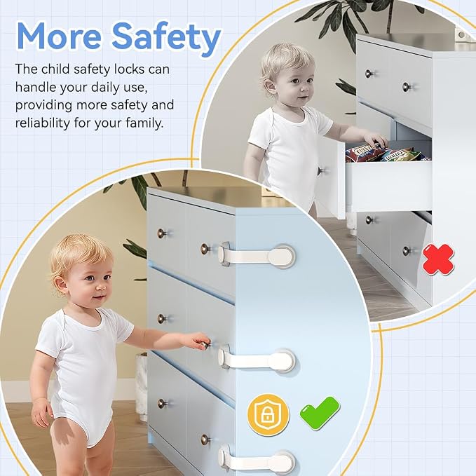 SAFELON 6 PCS Child Safety Locks, Cupboards Straps Locks, Baby Safety Drawer Locks, Childproof Locks for Cabinets, Kitchen, Toilets, Cupboard, Easy Install, No Tools Needed (White)