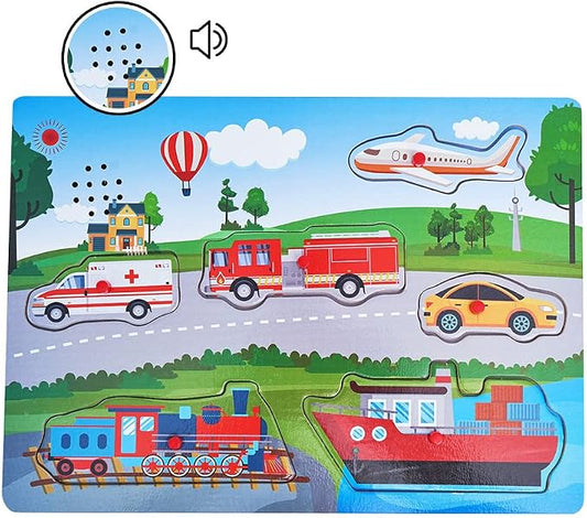 Wooden Transportation Sound Peg Puzzles for Toddlers, Wooden Pegged Puzzle with Sound Effect for Toddlers and Preschoolers, Educational Learning Toy Gift