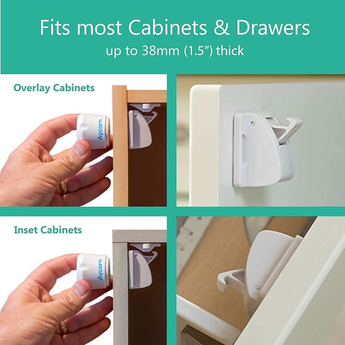 AYCORN Cabinet Locks + 4X Spare Keys - Cabinet Locks for Babies, Magnetic Child Proof Locks for Cabinet Doors, 10 Locks, 2 Keys + 4X Replacement Spare Keys