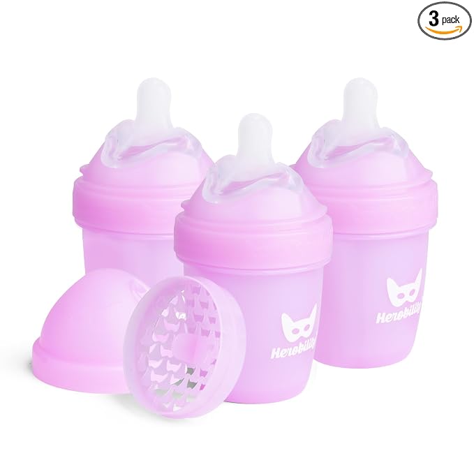 Herobility Anti-Colic Baby Bottles 5 fl oz /140 ml – Pack of 3 Newborn Baby Bottles, Slow Flow Plastic Bottles, Breast-Shaped Teat for Breastfed Babies, Small Baby Bottles, Swedish Design, Purple
