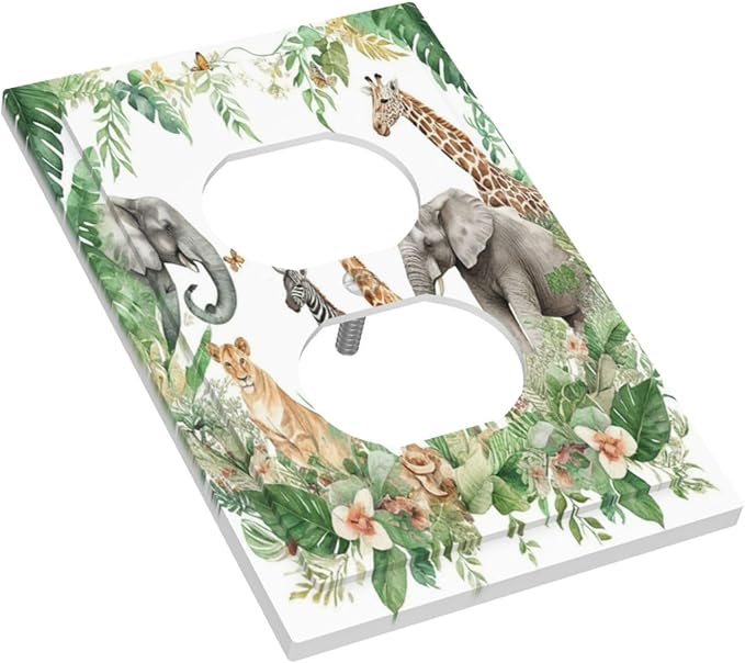 Tropical Leves Safari Animals Giraffe Elephant Zoo Outlet Covers 1 Gang Duplex Light Switch Cover Decorative Switch Plates Electrical Receptacle Faceplate Wall Plate for Kids Room Nursery Decor