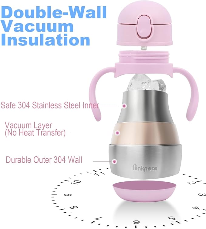Bakpoco Stainless Steel Sippy Straw Cup for Toddlers 1-3 Years Old, Insulated Toddler Water Bottle Baby Training Tumbler with Handles, 8oz Kids Straw Cups for Travel, Daycare & At Home, Pink