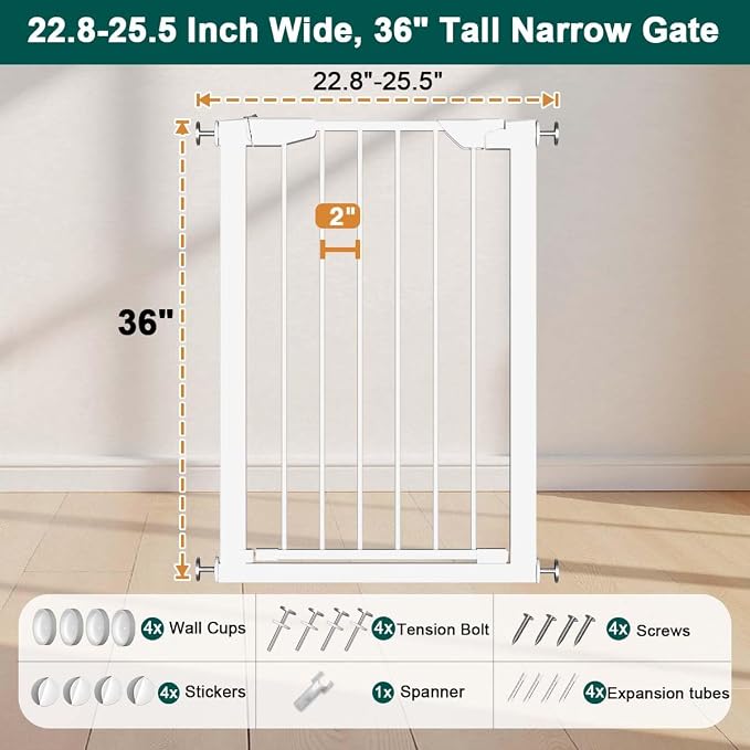 Fairy Baby 36" Tall Narrow Baby Gate, 22.8"-25.5" Narrow Pet Gate for Small Opening, Pressure Mounted Small Dog Gate for Doorways Walk Thru, Auto Close No Drill Metal Safety Child Gate, White