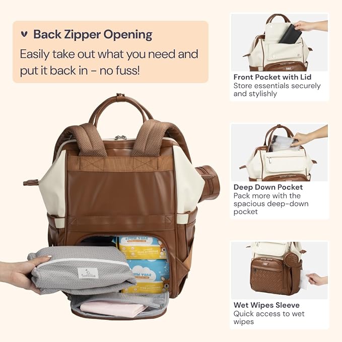 BabbleRoo Leather Diaper Bag Backpack, Multifunction Large Bags with Changing Pad & Stroller Straps & Pacifier Case, Unisex Stylish Travel Back Pack Nappy Changing Bag for Moms Dads (Coffee Cream)