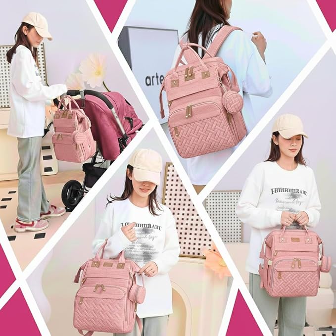Diaper Bag With Changing Pad, Travel Waterproof Bagpack Diaper Bag For Mom Dad With USB Charging Port, Large Capacity & Multifunctional With Insulated Pacifier Case - Pink